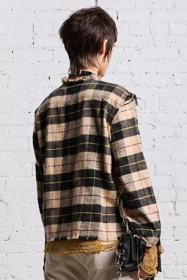 SHREDDED CREWNECK SHIRT 8211 BLEACHED BEIGE PLAID Women R13 Tops