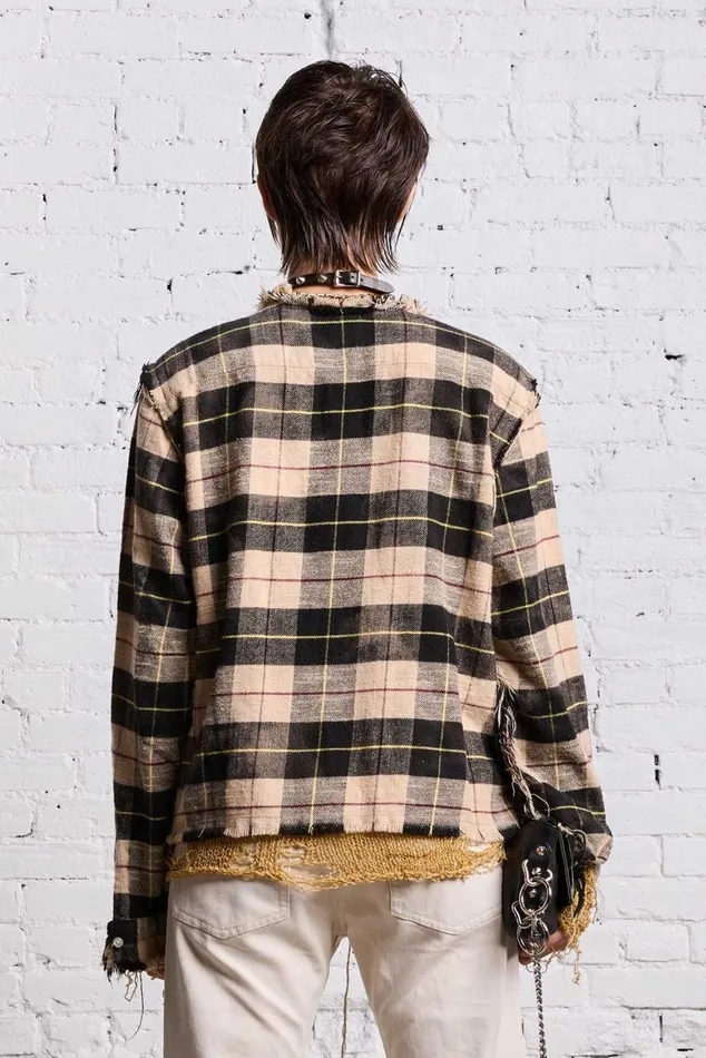 SHREDDED CREWNECK SHIRT 8211 BLEACHED BEIGE PLAID Women R13 Tops