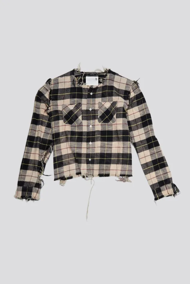 SHREDDED CREWNECK SHIRT 8211 BLEACHED BEIGE PLAID Women R13 Tops