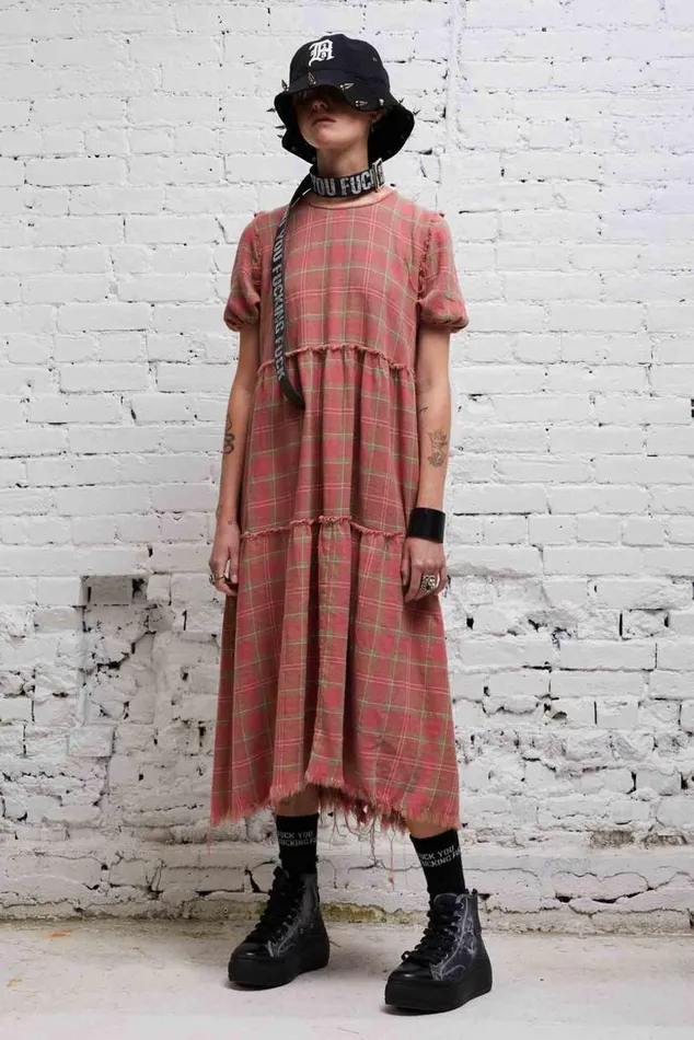 SHREDDED RELAXED MIDI 8211 RED PLAID Women R13 Dresses and Skirts