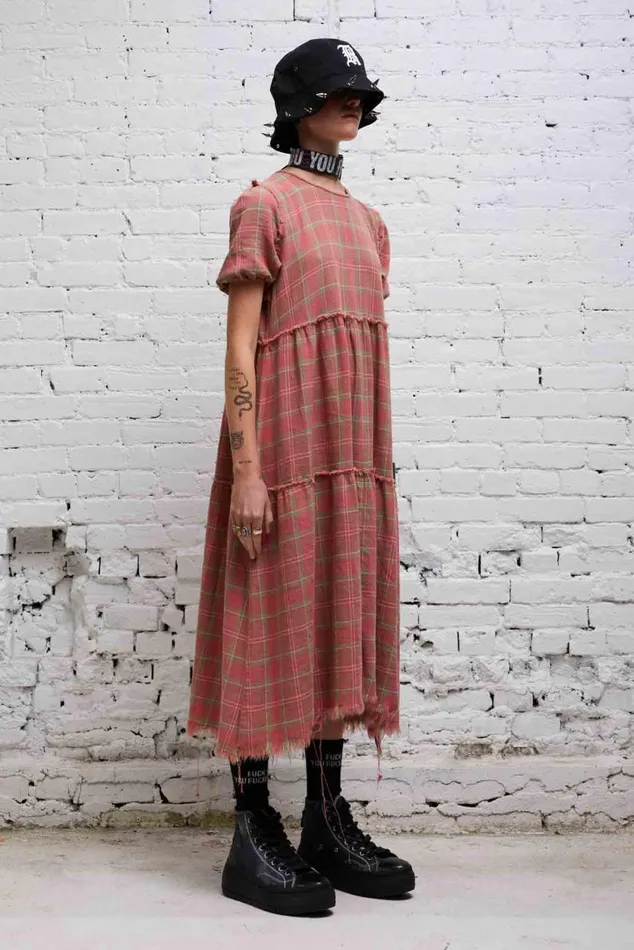 SHREDDED RELAXED MIDI 8211 RED PLAID Women R13 Dresses and Skirts