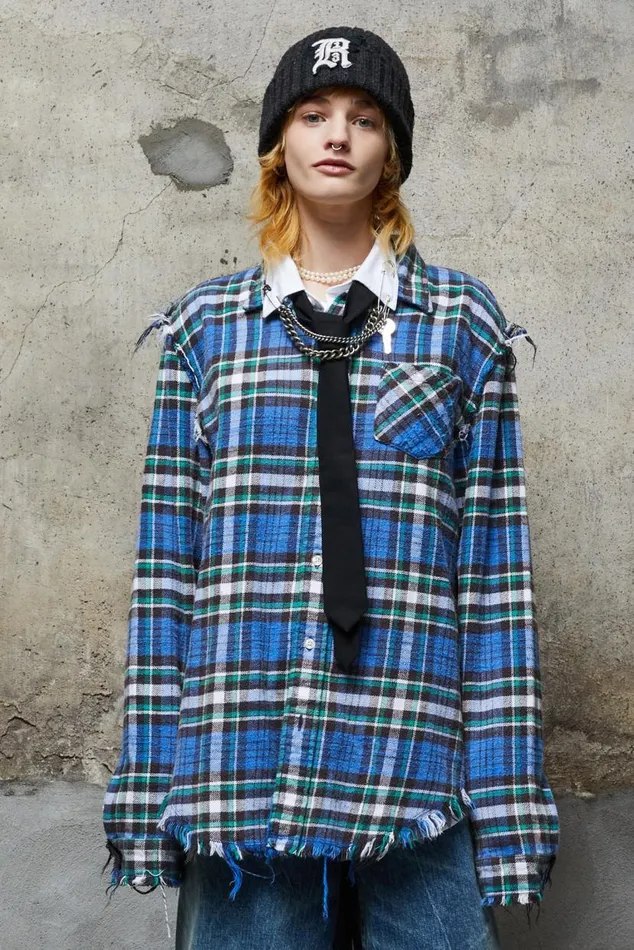 SHREDDED SEAM SHIRT 8211 BLUEGREEN PLAID Women R13 Tops