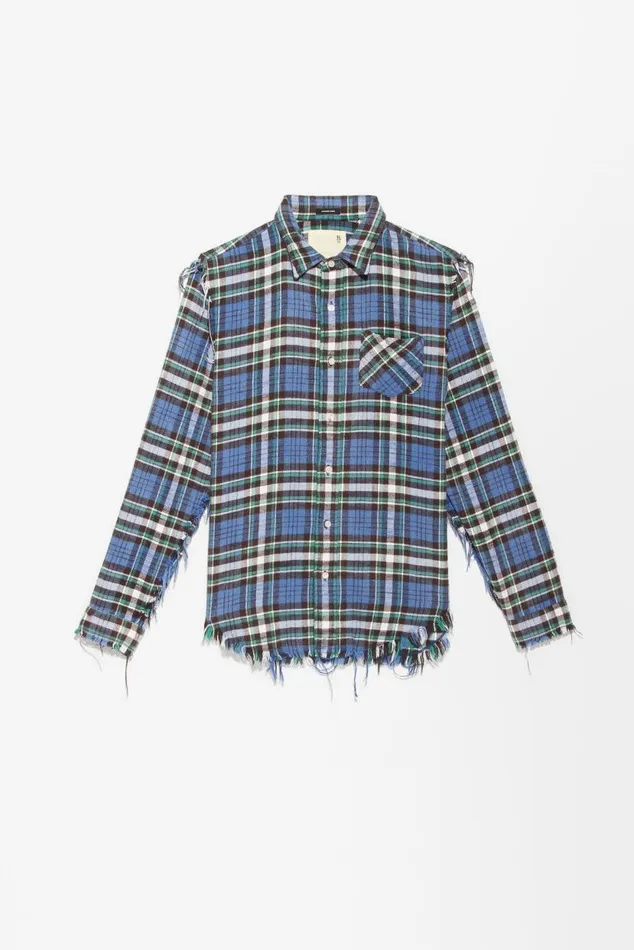 SHREDDED SEAM SHIRT 8211 BLUEGREEN PLAID Women R13 Tops