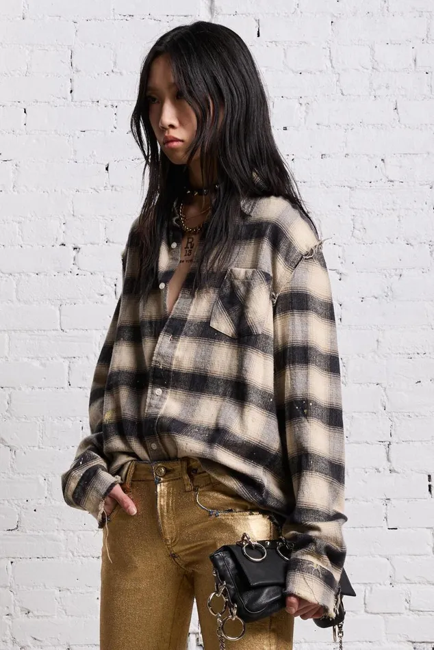 SHREDDED SEAM SHIRT 8211 GOLD SPLATTERED BLACK PLAID Women R13 Tops