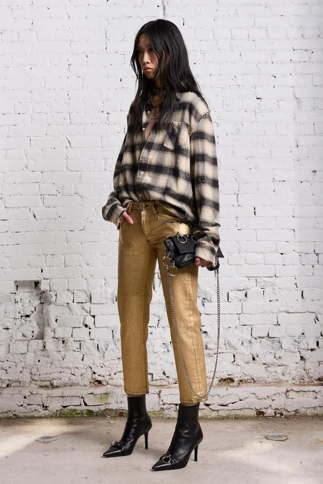 SHREDDED SEAM SHIRT 8211 GOLD SPLATTERED BLACK PLAID Women R13 Tops