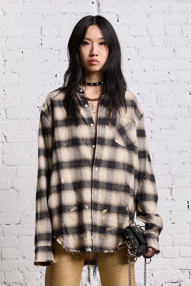 SHREDDED SEAM SHIRT 8211 GOLD SPLATTERED BLACK PLAID Women R13 Tops