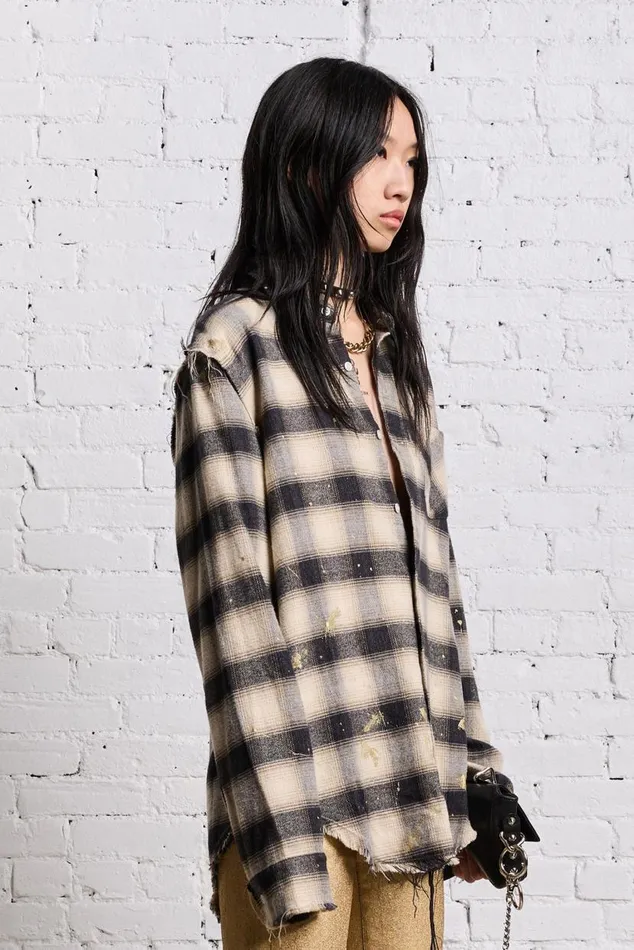 SHREDDED SEAM SHIRT 8211 GOLD SPLATTERED BLACK PLAID Women R13 Tops