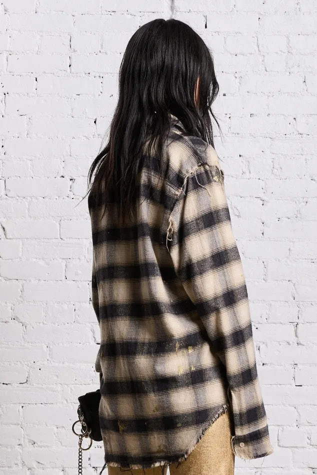SHREDDED SEAM SHIRT 8211 GOLD SPLATTERED BLACK PLAID Women R13 Tops