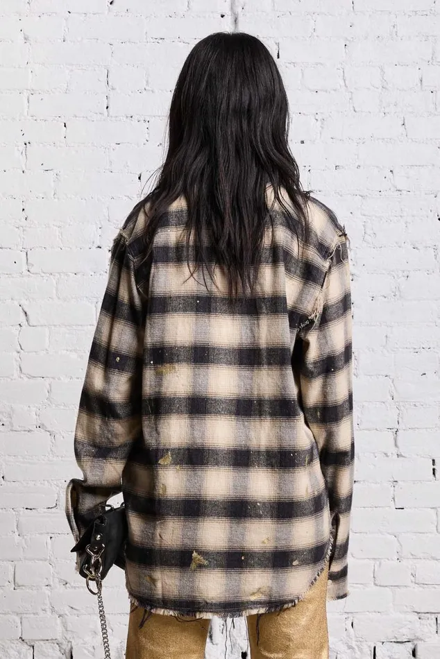 SHREDDED SEAM SHIRT 8211 GOLD SPLATTERED BLACK PLAID Women R13 Tops
