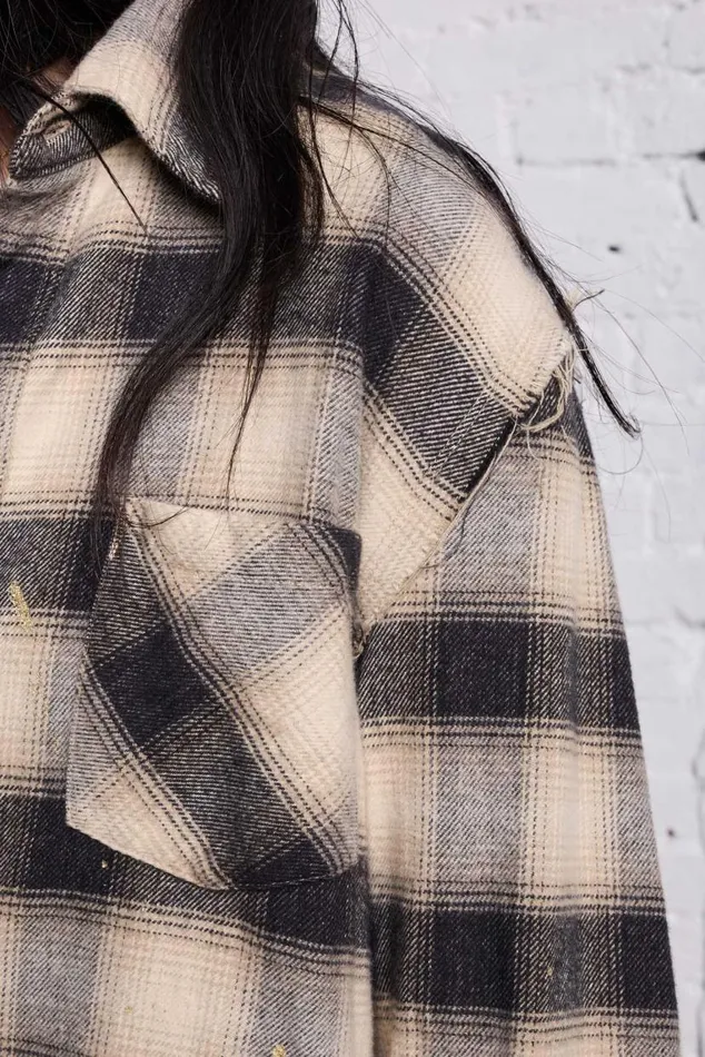 SHREDDED SEAM SHIRT 8211 GOLD SPLATTERED BLACK PLAID Women R13 Tops