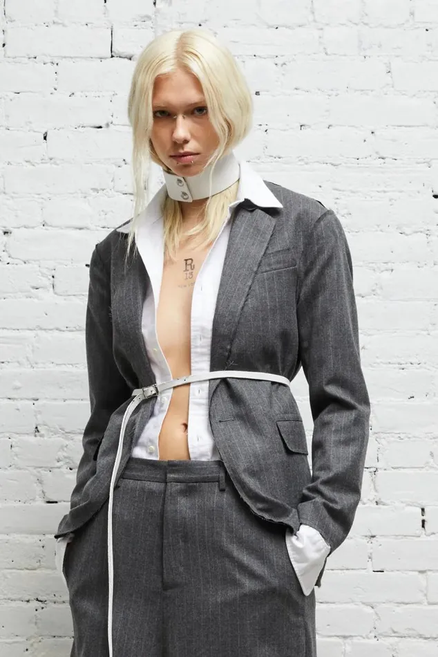 SHRUNKEN RAW CUT BLAZER 8211 GREY PINSTRIPE Women R13 Jackets and Coats