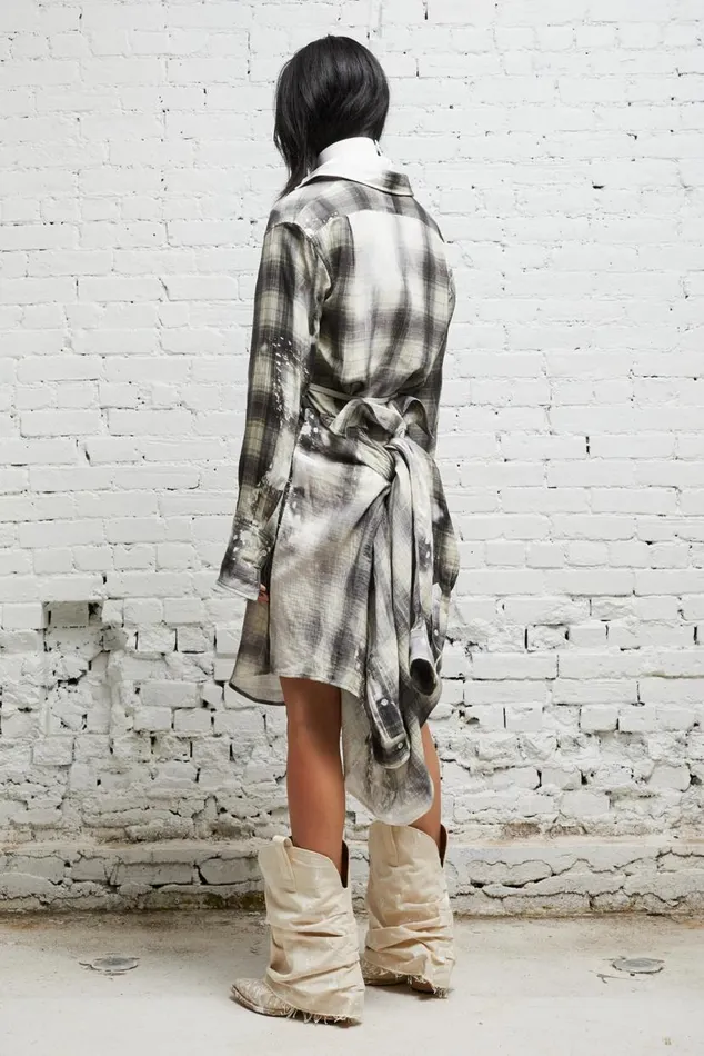 TIE SHIRTDRESS 8211 BLEACHED GREY PLAID Women R13 Dresses and Skirts