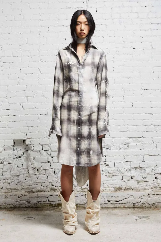 TIE SHIRTDRESS 8211 BLEACHED GREY PLAID Women R13 Dresses and Skirts