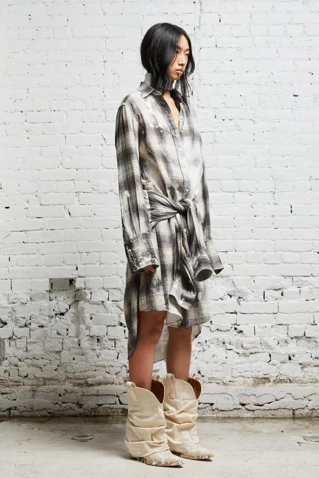 TIE SHIRTDRESS 8211 BLEACHED GREY PLAID Women R13 Dresses and Skirts