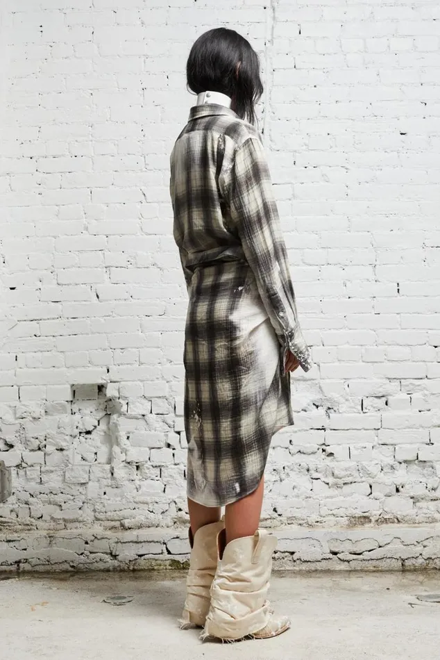 TIE SHIRTDRESS 8211 BLEACHED GREY PLAID Women R13 Dresses and Skirts