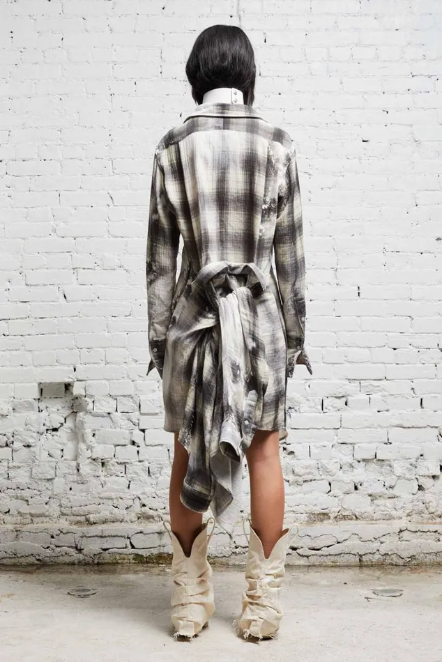 TIE SHIRTDRESS 8211 BLEACHED GREY PLAID Women R13 Dresses and Skirts