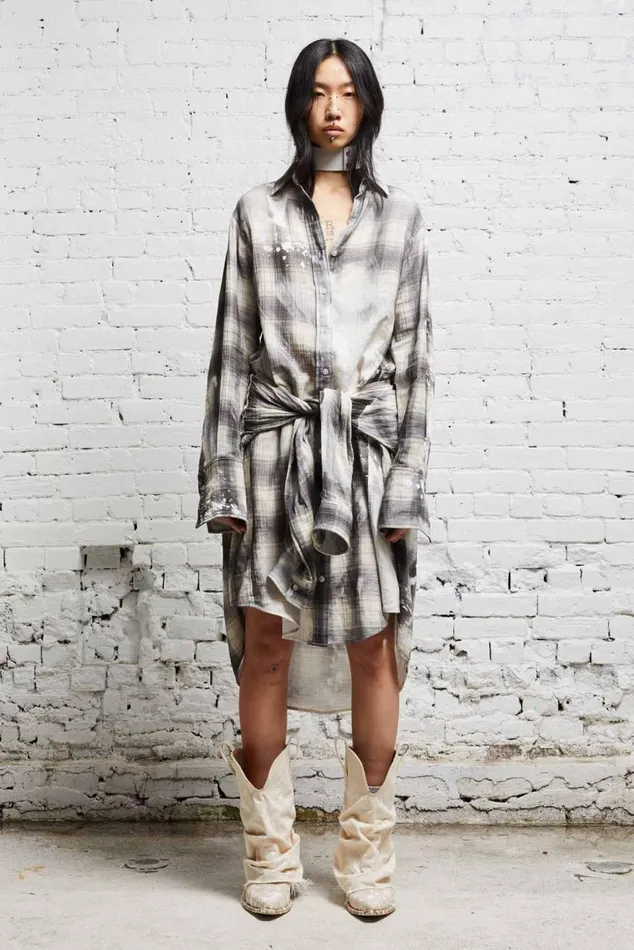 TIE SHIRTDRESS 8211 BLEACHED GREY PLAID Women R13 Dresses and Skirts