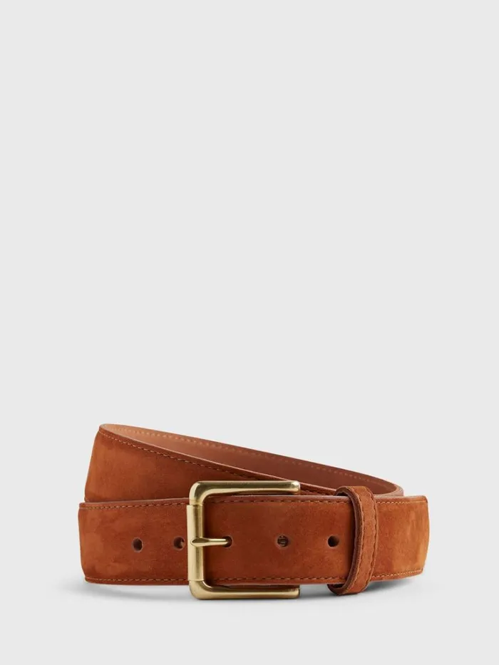 Belts Mens Paul Stuart Nubuck Calf Suede Belt With Brass Roller Buckle Brown