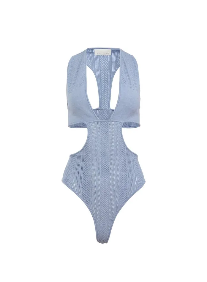 Bodysuits Clothing Fleur Du Mal Pointelle Cutout Bodysuit Denim Blue