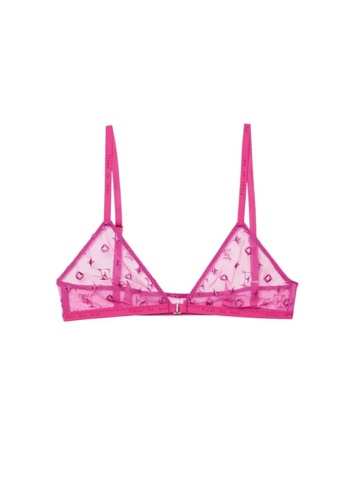 Bralettes and Wireless Bras Lingerie Fleur Du Mal Monogram Embroidery Triangle Bra Fuchsia Rose