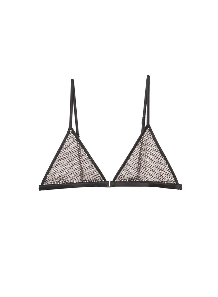Bralettes and Wireless Bras Lingerie Fleur Du Mal Rhinestone Fishnet Triangle Bra Black
