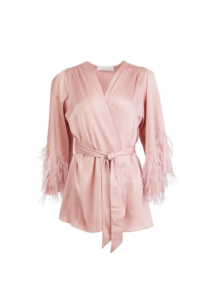 Bridal LingerieClothing Fleur Du Mal Feather Embellished Angel Sleeve Robe Rose Pink