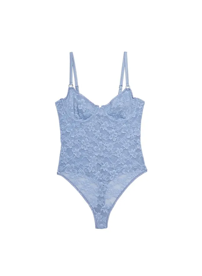 Bridal LingerieClothing Fleur Du Mal Le Stretch Lace Bodysuit Denim Blue