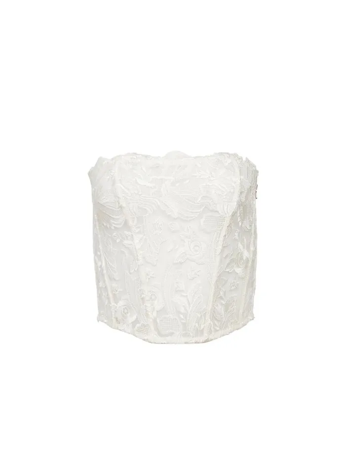 Bustiers and Bra Tops LingerieClothing Fleur Du Mal Lola Bow Embroidery Corset Top Ivory