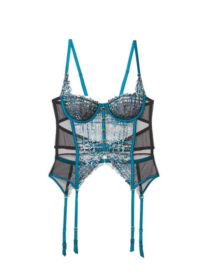 Bustiers and Bra Tops Lingerie Fleur Du Mal Gabrielle Embroidery Garter Basque Aquamarine