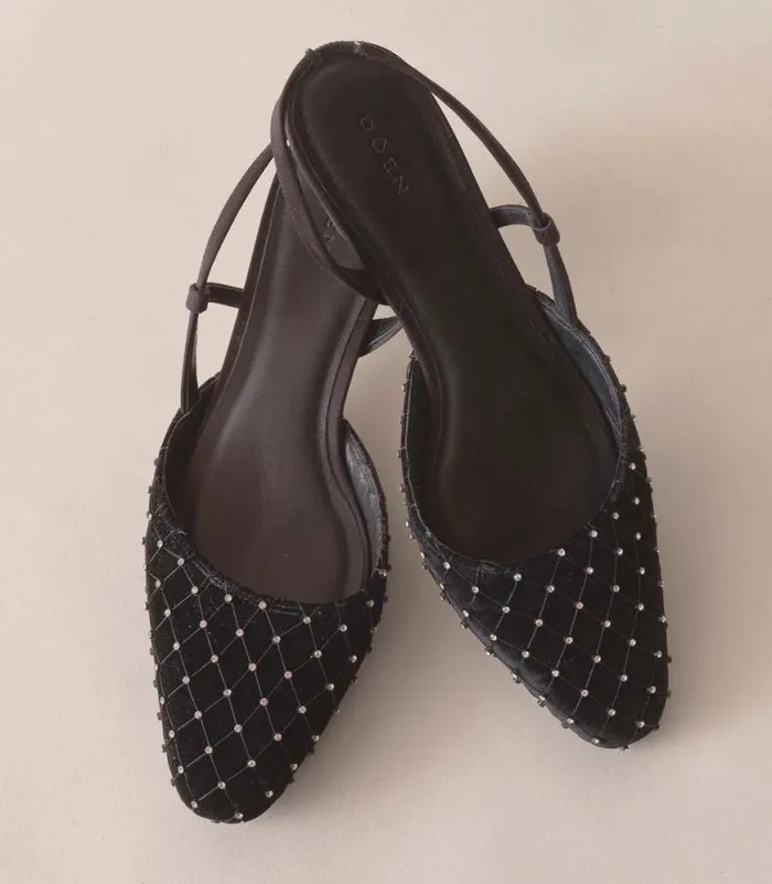 CALVI SLINGBACK Black Velvet Crystal Shop DEN Footwear