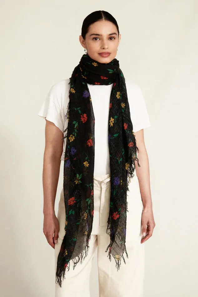 Chan Luu Cashmere And Silk Scarf Black Valentina Floral Women Scarves
