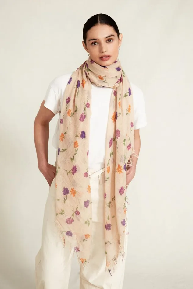 Chan Luu Cashmere And Silk Scarf Cream Valentina Floral Women Scarves