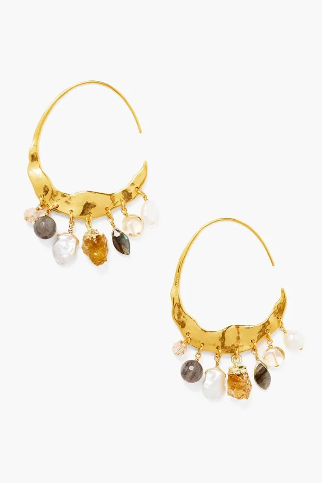 Chan Luu Crescent Cream Pearl And Citrine Mix Gold Hoop Earrings Women Earrings
