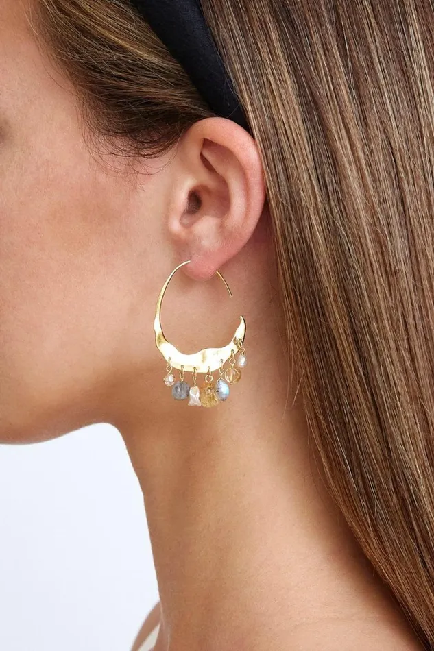 Chan Luu Crescent Cream Pearl And Citrine Mix Gold Hoop Earrings Women Earrings