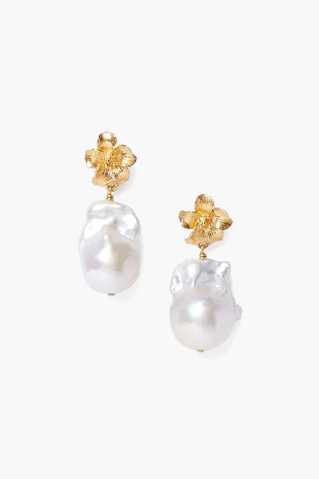 Chan Luu Gold Hibiscus Pearl Drop Earrings Women Earrings