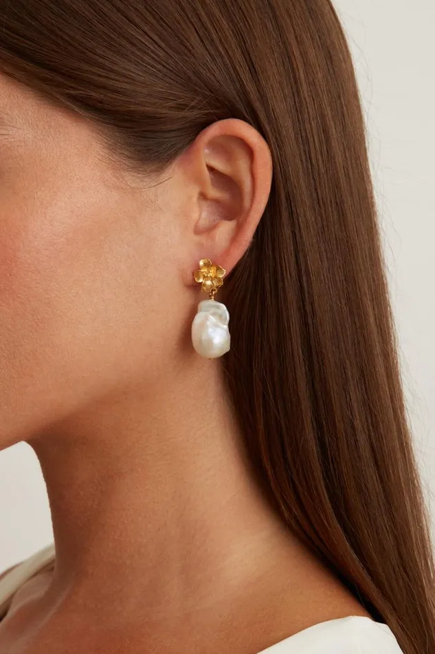 Chan Luu Gold Hibiscus Pearl Drop Earrings Women Earrings