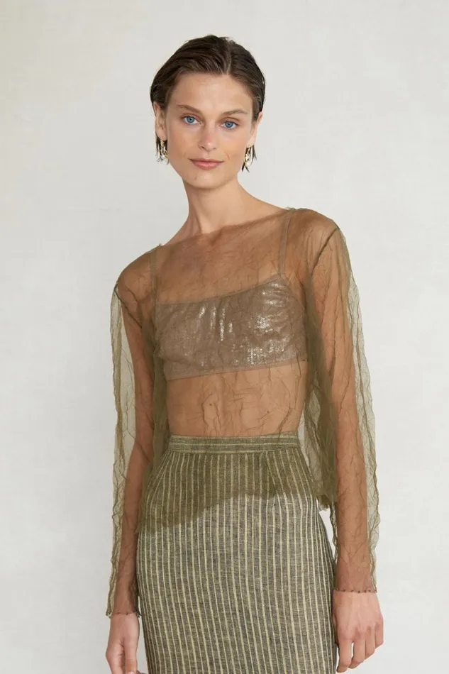 Chan Luu Luca Crinkle Mesh Blouse Olive Women Tops