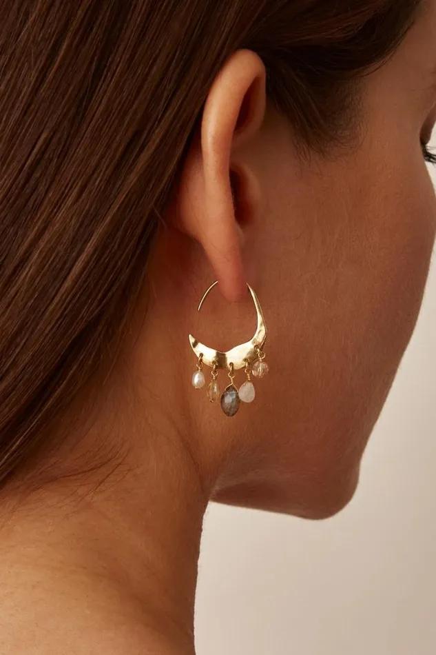 Chan Luu Petite Crescent White Pearl And Citrine Mix Gold Hoop Earrings Women Earrings