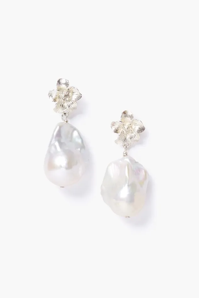 Chan Luu Silver Hibiscus Pearl Drop Earrings Women Earrings