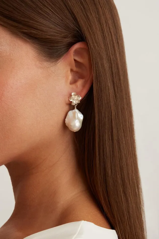 Chan Luu Silver Hibiscus Pearl Drop Earrings Women Earrings