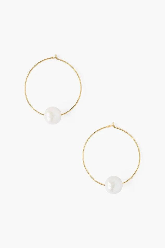Chan Luu White Floating Pearl Gold Hoop Earrings Women Earrings