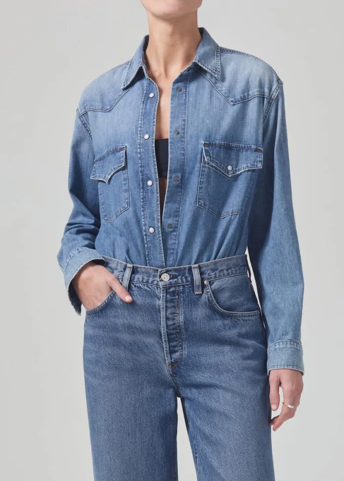 Citizens Of Humanity Cropped Western Shirt Carolina Blue Women Tops