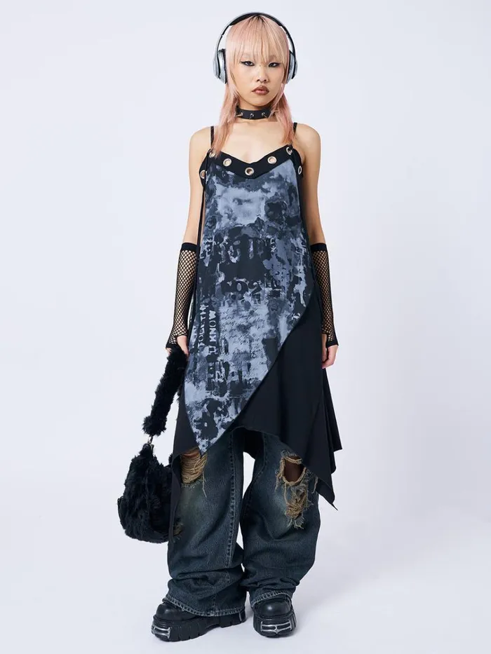 Clothing 1992 Black and Grey Asymmetric Midi Dress Minga London Dresses