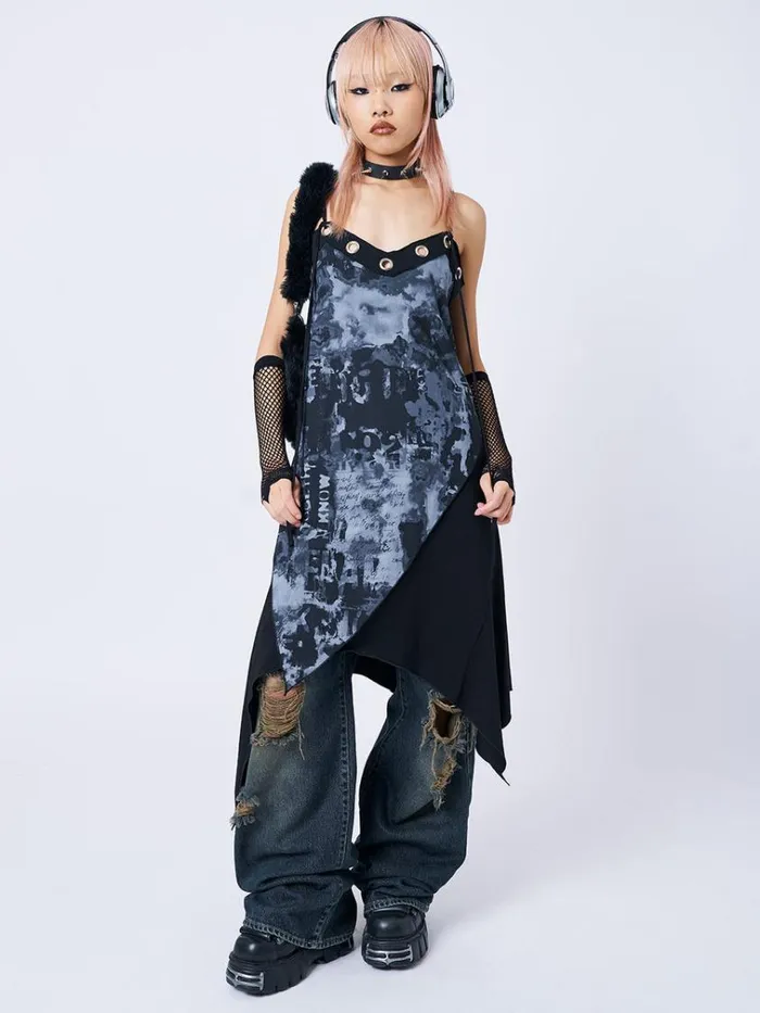 Clothing 1992 Black and Grey Asymmetric Midi Dress Minga London Dresses
