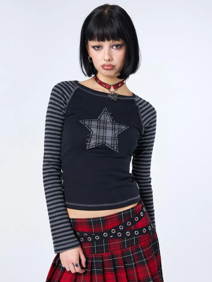 Clothing Akari Plaid Star Striped Sleeves Top Minga London Long Sleeve Tops