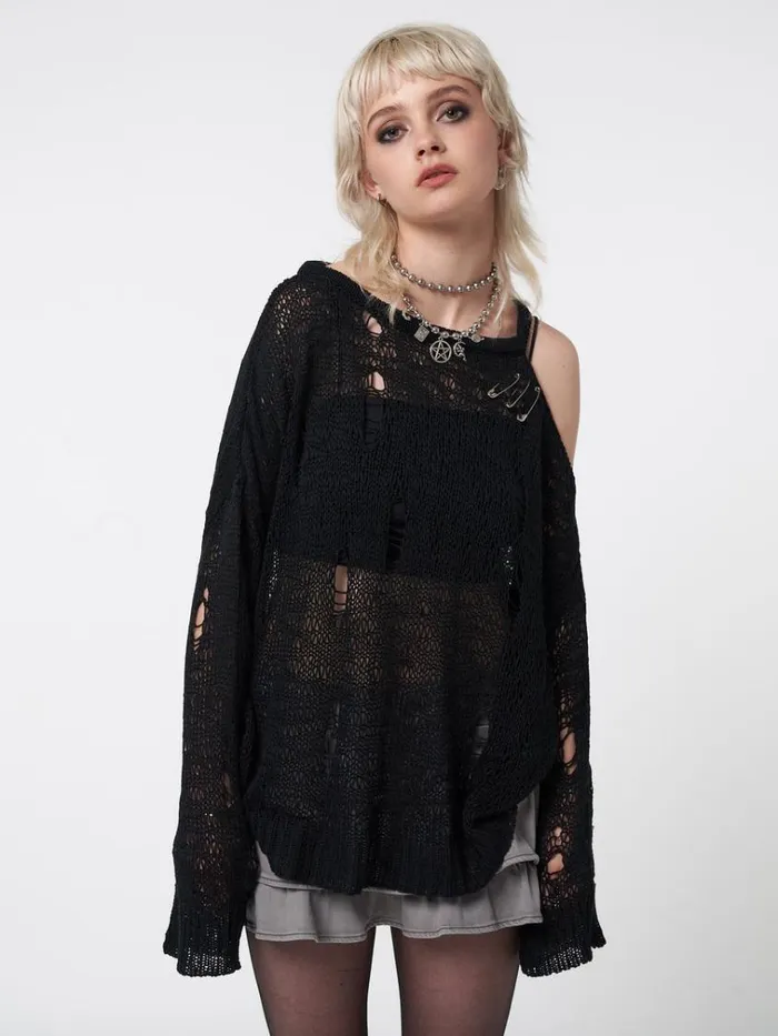 Clothing Avril Distressed Cut Out Net Knit Jumper Minga London Sweaters