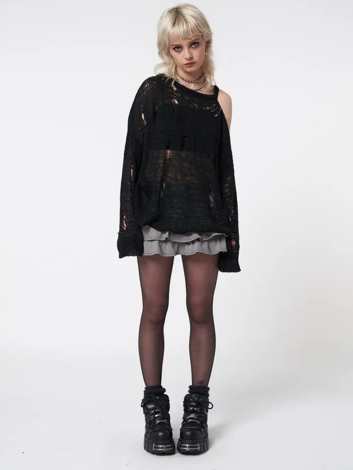 Clothing Avril Distressed Cut Out Net Knit Jumper Minga London Sweaters