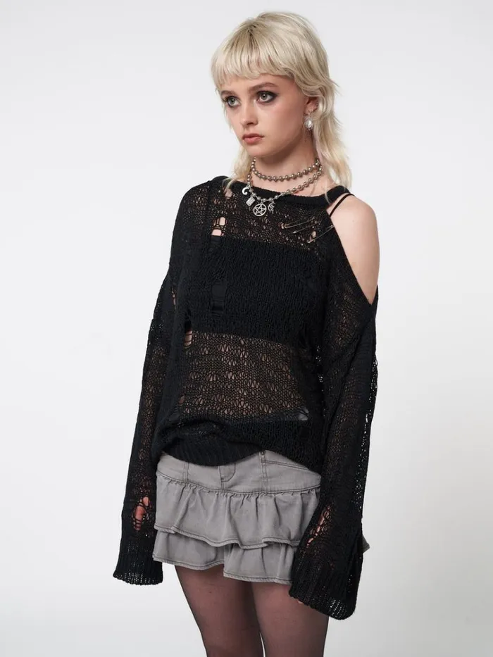 Clothing Avril Distressed Cut Out Net Knit Jumper Minga London Sweaters