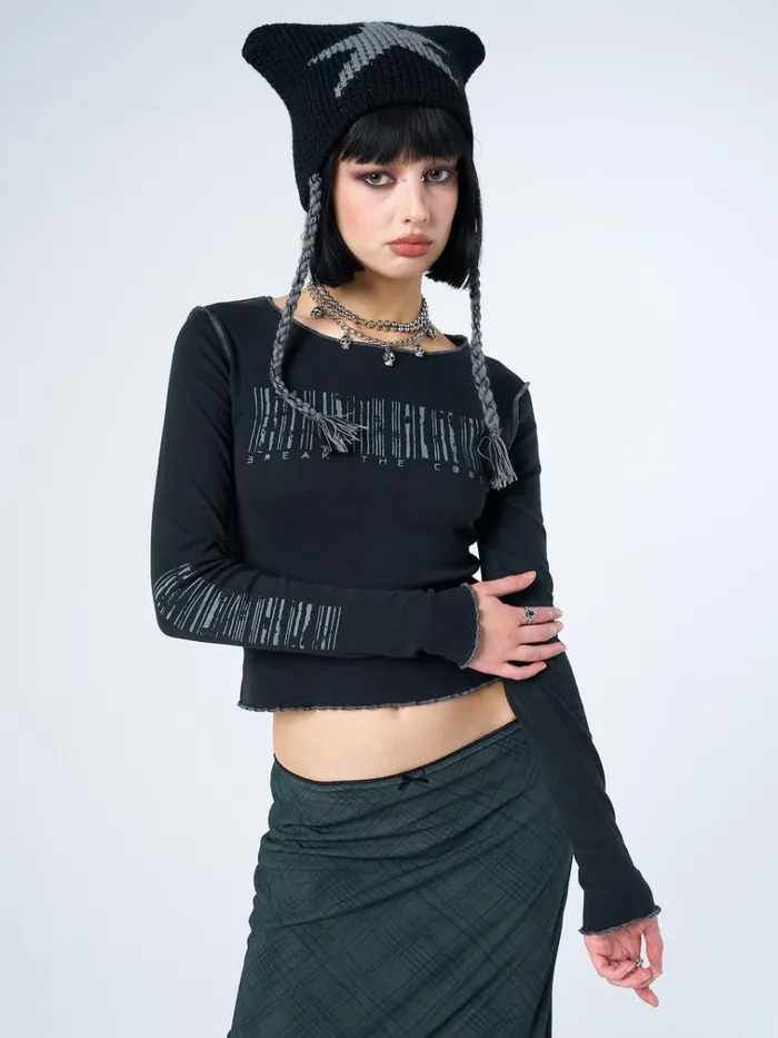 Clothing Break The Code Black Graphic Top Minga London Long Sleeve Tops