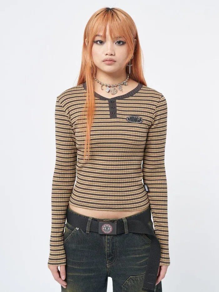 Clothing Brownie Half Button Striped Rib Top Minga London Long Sleeve Tops